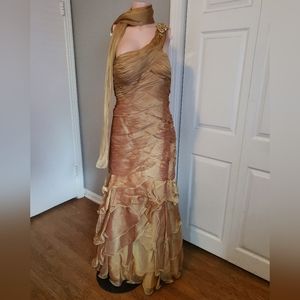 🌟Women gold evening gown dress with scarf